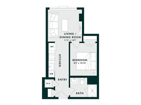 Floor plan for 1 bed, 1 bath, 466 sqft